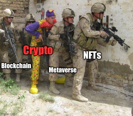 description: The 'Army Clown' meme, with web3 terms as the labels. 'Crypto' is the label for the clown.