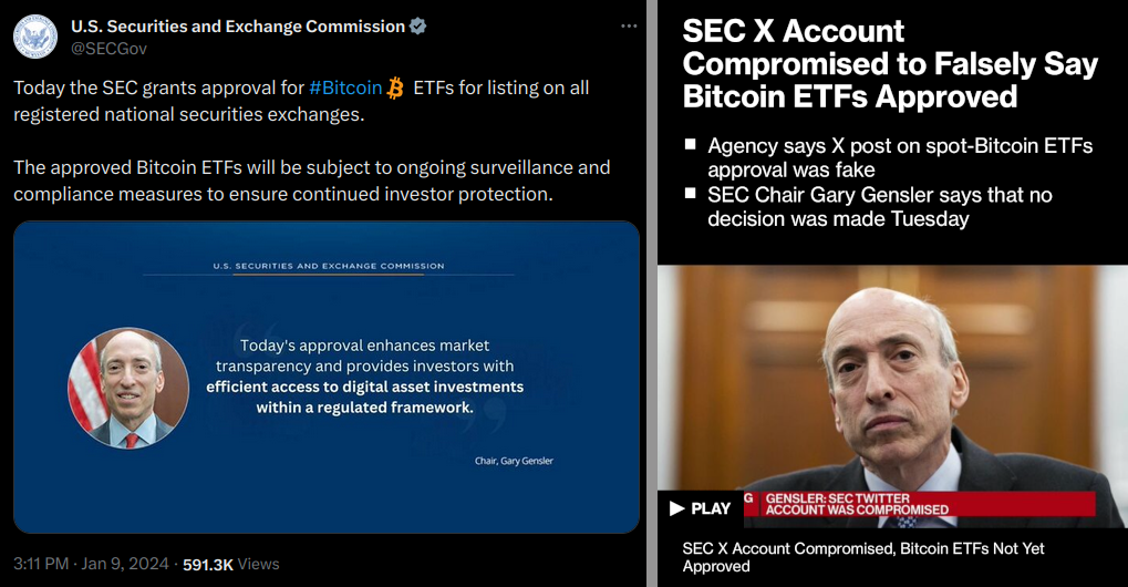On the left: a screencap of a (faked!) tweet, from the SEC website, declaring that Bitcoin ETFs have been approved.  On the right: a screencap of a Bloomberg article headline declaring that the aforementioned tweet was fake.