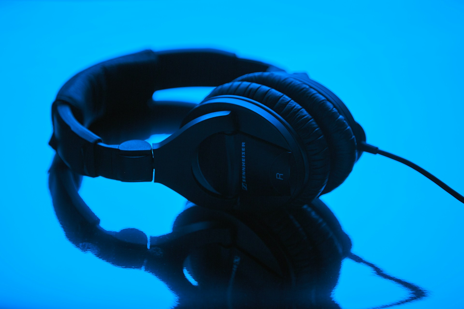 description: a set of black over-the-ear Sennheiser headphones on a blue background. Photo by Patrick Fore on Unsplash